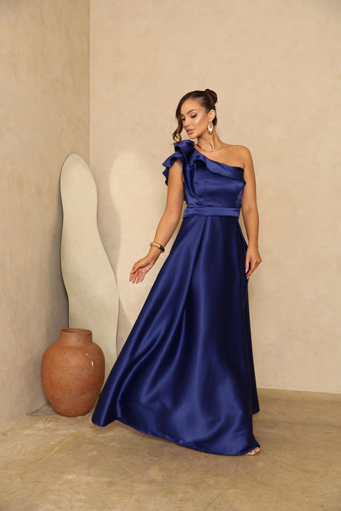 VESTIDO LISO UM OMBRO SÓ BABADO VESTIDO DE FESTA PETRA FINA AZUL ROYAL P